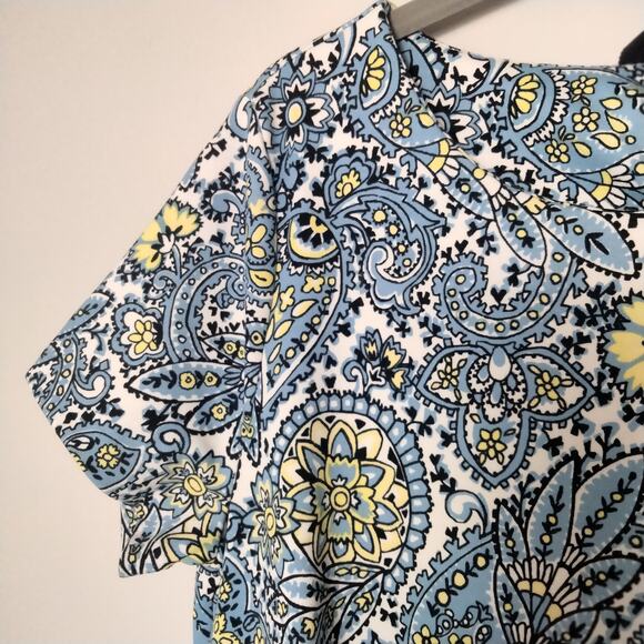 Talbot's Sz Small Blue and Yellow Paisley Sheath Dress Ribbon Tie Short Sleeve - Picture 4 of 7